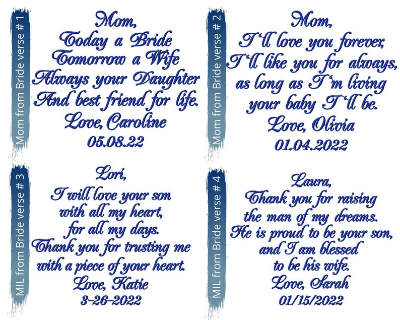 May include: Four blue and white cards with handwritten messages for a bride and her mother, mother-in-law, and sister-in-law. The messages include the text "Mom, Today a Bride Tomorrow a Wife", "Mom, I'll love you forever", "Lori, I will love your son", and "Laura, Thank you for raising the man of my dreams".