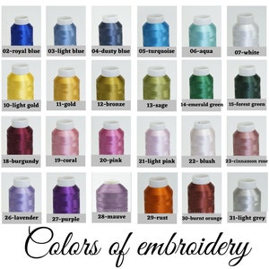 May include: A chart of 32 embroidery floss colors, each color is labeled with a number and a color name. The colors include navy blue, royal blue, light blue, dusty blue, turquoise, aqua, white, black, ivory, light gold, gold, bronze, sage, emerald green, forest green, teal, red, burgundy, coral, pink, light pink, blush, cinnamon rose, rosewood, orchid, lavender, purple, mauve, rust, burnt orange, light grey, and grey.