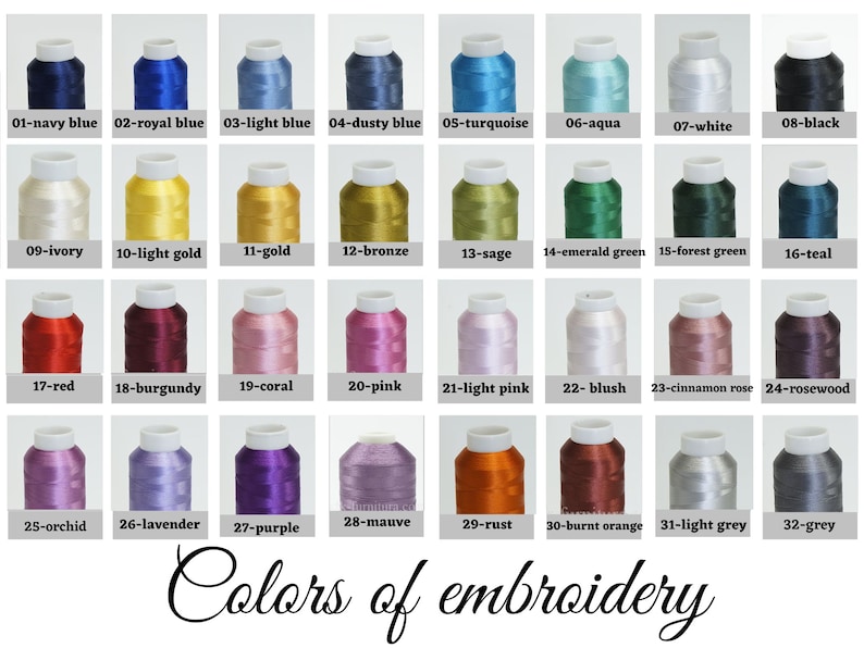 May include: A chart of 32 embroidery floss colors, each color is labeled with a number and a color name. The colors include navy blue, royal blue, light blue, dusty blue, turquoise, aqua, white, black, ivory, light gold, gold, bronze, sage, emerald green, forest green, teal, red, burgundy, coral, pink, light pink, blush, cinnamon rose, rosewood, orchid, lavender, purple, mauve, rust, burnt orange, light grey, and grey.