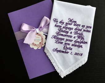Mother of the Bride Handkerchief Embroidered Personalized Mom Hankerchief Parent wedding gift Mum hankie from daughter Plum Parents gift