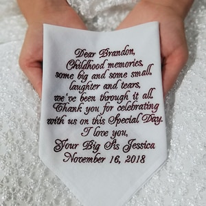 Brother of the bride gift from sister Personalized embroidered custom handkerchief white cotton mans hankerchief hankie napkins Burgundy