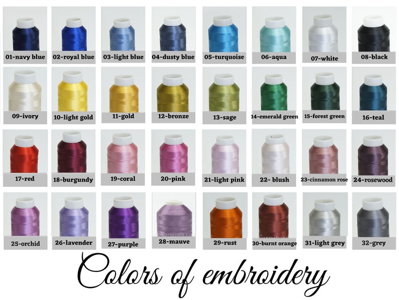 May include: A chart of 32 embroidery floss colors, each color is labeled with a number and a color name. The colors include navy blue, royal blue, light blue, dusty blue, turquoise, aqua, white, black, ivory, light gold, gold, bronze, sage, emerald green, forest green, teal, red, burgundy, coral, pink, light pink, blush, cinnamon rose, rosewood, orchid, lavender, purple, mauve, rust, burnt orange, light grey, and grey.
