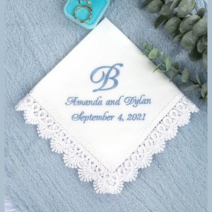 Something Blue Gift for Bride, Wedding Handkerchief, Monogrammed Cotton Hankerchief, Bridal gift, Embroidered Initials Hanky Gift for Couple