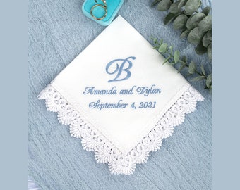 Something Blue Gift for Bride, Wedding Handkerchief, Monogrammed Cotton Hankerchief, Bridal gift, Embroidered Initials Hanky Gift for Couple