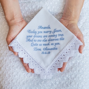 Something blue for Bride Embroidered wedding handkerchief for Bride from Maid of Honor Sister hanky Bridesmaid hankie Wedding unique gifts