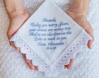 Something blue for Bride Embroidered wedding handkerchief for Bride from Maid of Honor Sister hanky Bridesmaid hankie Wedding unique gifts