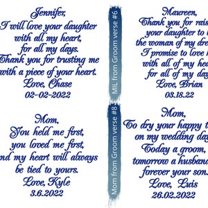 May include: Four blue and white cards with handwritten messages for a wedding. The cards feature the names Jennifer, Maureen, Mom, and Mom. The messages express love and gratitude to the recipients.