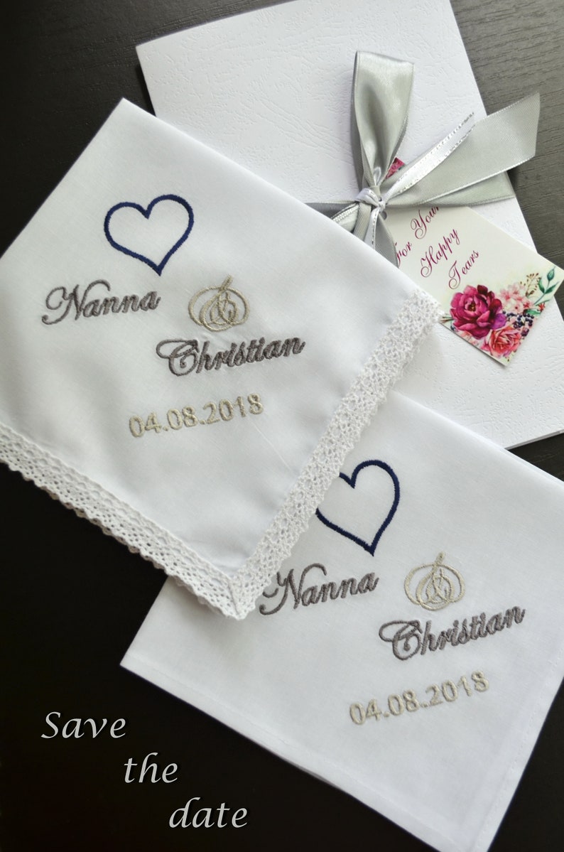 Wedding Handkerchief set gifts for parents gift for Mother and Father of the bride from daughter Mom Dad Personalized hankie Save the date image 2