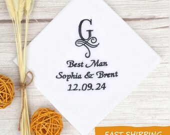Best Man Embroidered Handkerchief with Monogram, Bride and Groom's Names Wedding Date - Personalized Keepsake