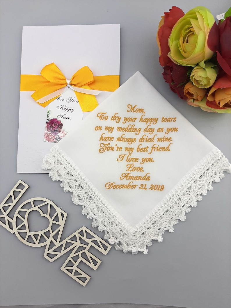 Personalized Wedding Handkerchief for Mom from daughter Customized embroidered hankie for Mother of the Bride Autumn wedding party gift image 2