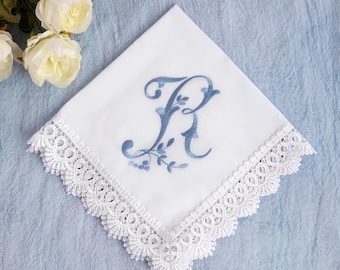 Wedding Ceremony Something Blue Handkerchief, Monogrammed Bridal Hankerchief, Embroidered Cotton Bride to Be Hanky