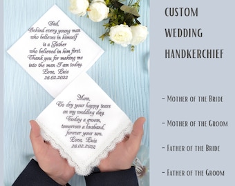 Mother and father of the groom handkerchief set - Mom and Dad thank you gift - Parents of the - Wedding hankies - wedding handkerchief