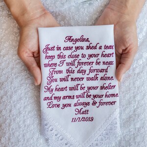 Groom Gifts from Bride on Wedding Day Grooms handkerchief Custom Wedding Vow Art Fiance hankerchief Future Husband poem vows hankie image 6