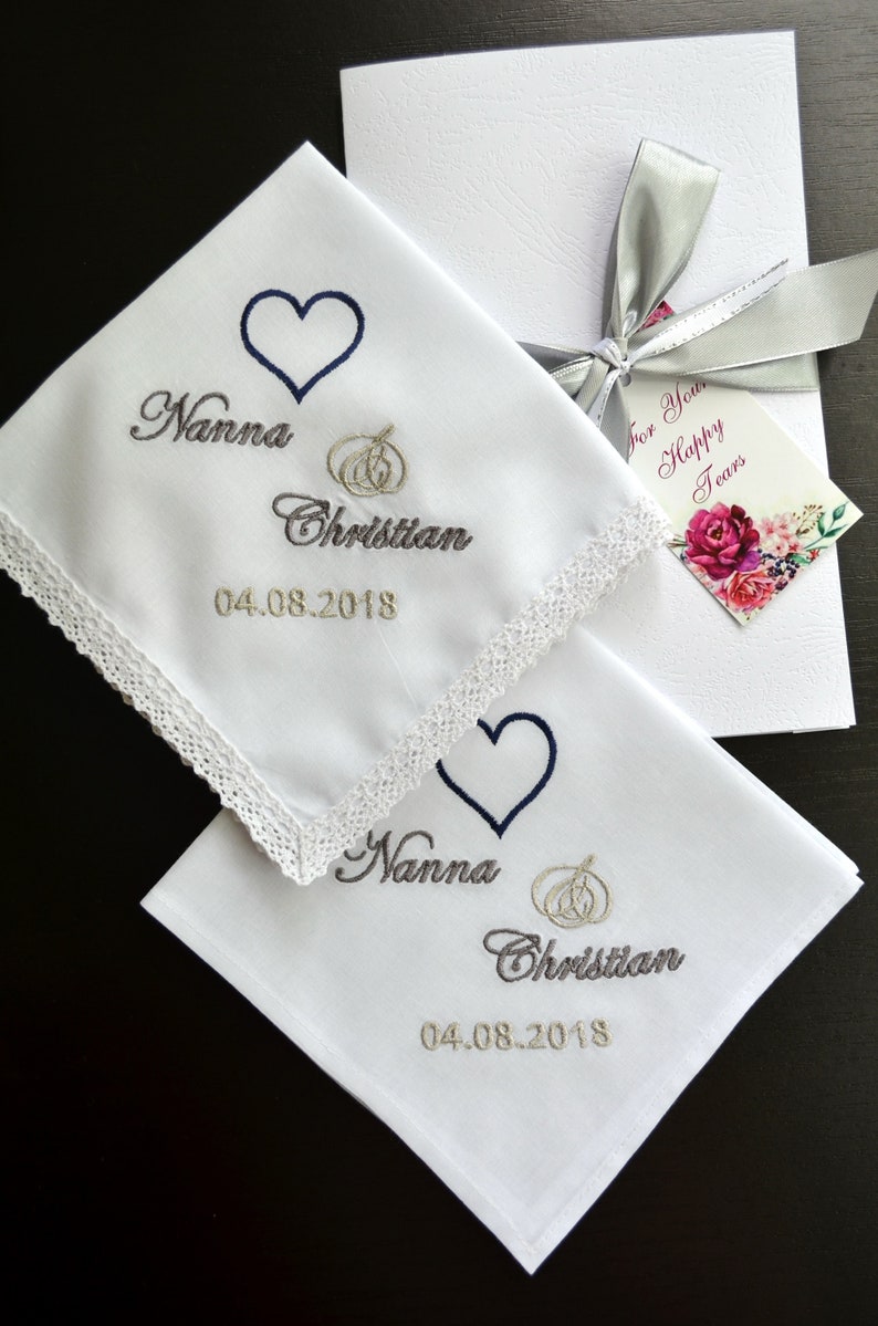 Wedding Handkerchief set gifts for parents gift for Mother and Father of the bride from daughter Mom Dad Personalized hankie Save the date image 1