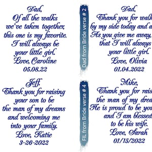 May include: Four blue and white cards with handwritten messages for a wedding. The messages are for the bride's father, the groom's father, the groom's father, and the groom's mother. The messages express love and gratitude.