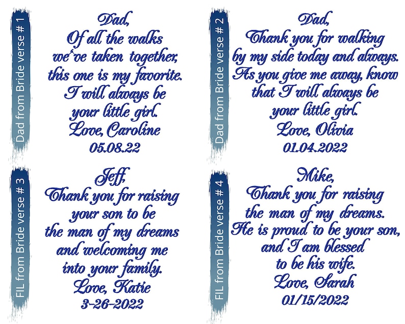 May include: Four blue and white cards with handwritten messages for a wedding. The messages are for the bride's father, the groom's father, the groom's father, and the groom's mother. The messages express love and gratitude.
