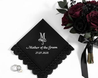 Gothic Wedding Handkerchief – Black Cotton Lace Hankie for Mother of the Groom – Embroidered Hankerchief