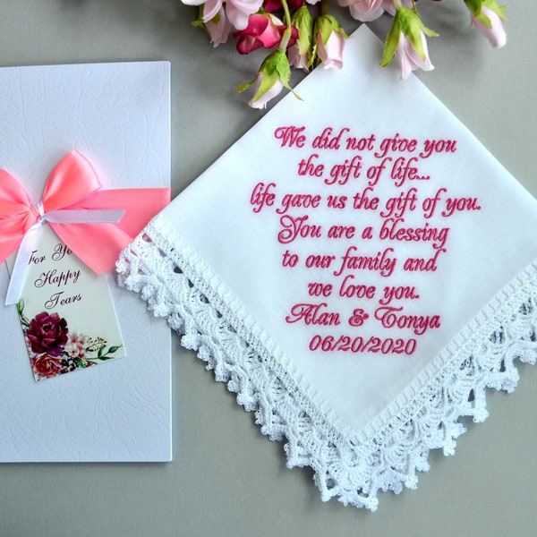 Daughter in law gift handkerchief wedding gift mother in law to new daughter parents in law wedding gift to bride personalized embroidered