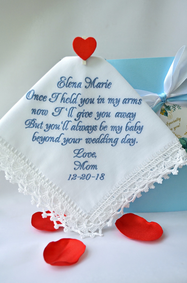 Something Blue handkerchief Wedding unique gift for Bride from Mom Sentimental rustic wedding heirloom for daughter from mother Personalized