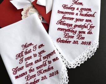 Fall wedding favor Burgundy Mother of the Bride handkerchief from daughter Mother of the Groom from son Mom daughter Mom son gift parents