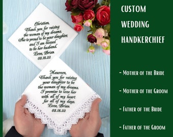 Personalized Wedding Handkerchief Gift: Parents of the Bride from Groom Embroidered Cotton Keepsake