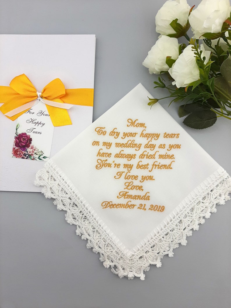 Personalized Wedding Handkerchief for Mom from daughter Customized embroidered hankie for Mother of the Bride Autumn wedding party gift image 1