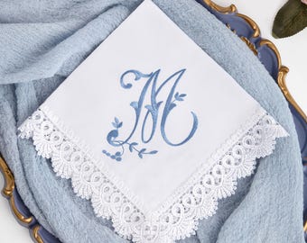Something Blue Monogrammed Bridal Hankerchief, Embroidered Cotton Bride Handkerchief, Baptism Hanky,  Wedding Ceremony