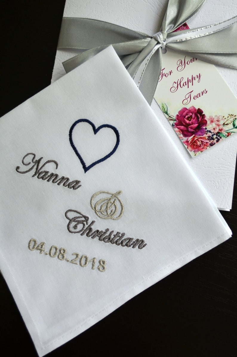 Wedding Handkerchief set gifts for parents gift for Mother and Father of the bride from daughter Mom Dad Personalized hankie Save the date image 6