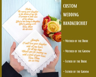 Personalized Wedding Handkerchief, Embroidered Gift for Parents from Groom, Mother of the Bride, Father of the Bride