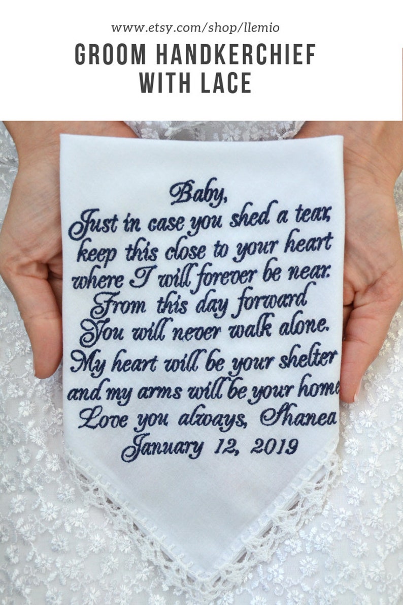 Groom Gifts from Bride on Wedding Day Grooms handkerchief Custom Wedding Vow Art Fiance hankerchief Future Husband poem vows hankie image 1