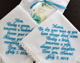 Wedding handkerchief set for parents Personalized embroidered hankerchief for Mother of the Bride from daughter Mother of the Groom from son