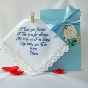 Daughter Wedding Gift from Mom, Ill Love You Forever, Bridal Handkerchief, Something Blue Hanky