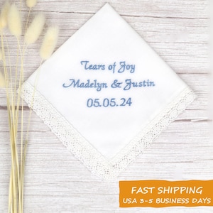 Tears of Joy wedding embroidered handkerchief - Personalized Bridal Keepsake - Blue Happy tears hankerchief - wedding hankie, hanky, hankies