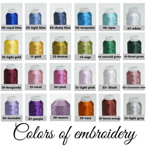 Puede incluir: Una tabla de 32 colores diferentes de hilo de bordar, cada color est&aacute; etiquetado con un n&uacute;mero y un nombre. Los colores incluyen azul marino, azul real, azul claro, azul polvoriento, turquesa, aguamarina, blanco, negro, marfil, oro claro, oro, bronce, salvia, verde esmeralda, verde bosque, azul verdoso, rojo, burdeos, coral, rosa, rosa claro, rubor, rosa canela, palo de rosa, orqu&iacute;dea, lavanda, morado, malva, &oacute;xido, naranja quemado, gris claro y gris.