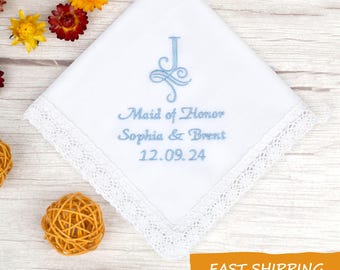 Maid of Honor Handkerchief, Embroidered Cotton Wedding Hanky, Bridesmaid Initial Hankie