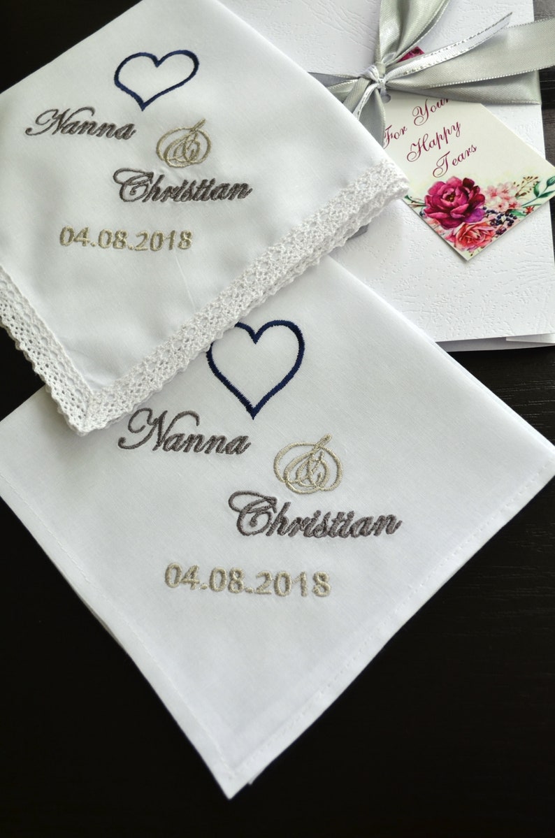 Wedding Handkerchief set gifts for parents gift for Mother and Father of the bride from daughter Mom Dad Personalized hankie Save the date image 4