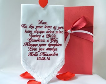 Wedding party gift for mom from daughter, Mother of the bride gift Bridal handkerchief Custom hankerchief, Personalized embroidered hankies