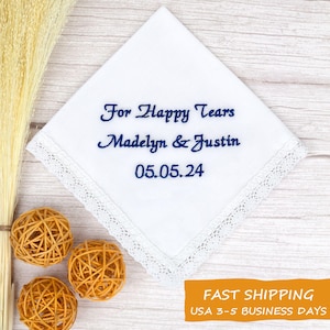 For Happy Tears wedding embroidered handkerchief - Grooms and Brides hankerchief - Save the date - wedding favor hankie, blue hanky