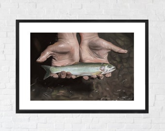 Trout Fishing Painting, Fisherman Art Print, Cabin Decor, Freshwater Fish Art, Giclee Print