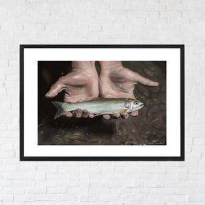 Trout Fishing Painting, Fisherman Art Print, Cabin Decor, Freshwater Fish Art, Giclee Print image 1