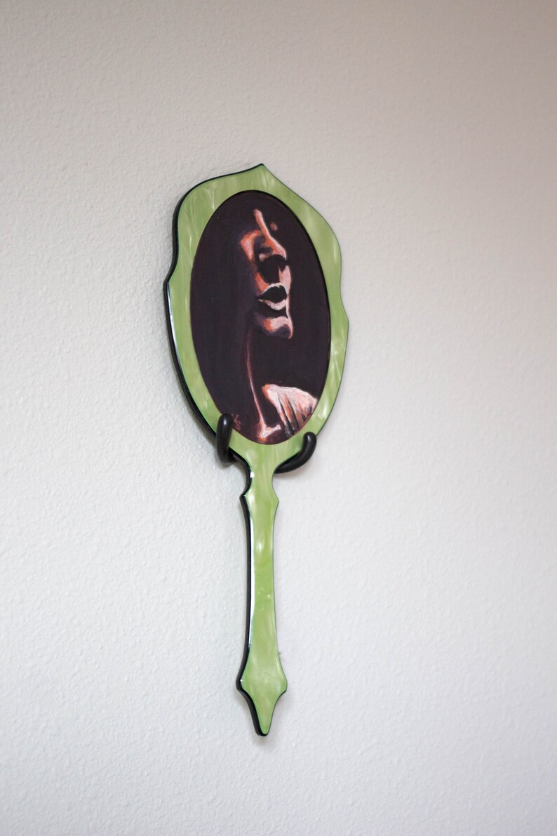Acrylic Painting On Unique Vintage Green Hand Mirror