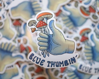 Blue Thumbin&#39; Mushroom Stickers, Mycology Vinyl Decal Art, Mushroom Grower Cultivator, Laptop Sticker, Water Bottle Sticker