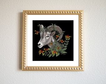 Aries Ram Zodiac Art Print, Astrology Wall Art, Honeysuckle Flower Art, Giclee Print