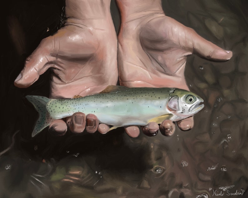 Trout Fishing Painting, Fisherman Art Print, Cabin Decor, Freshwater Fish Art, Giclee Print image 2
