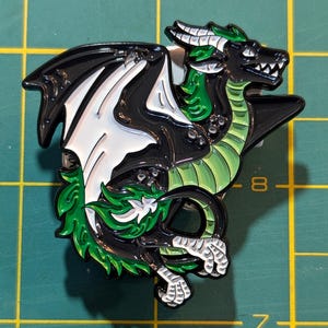 Green, White, and Black Aromantic Flag-Themed Dragon 2 Inch Soft Enamel Pin