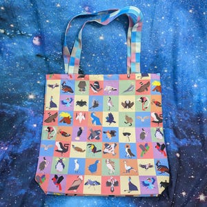 May include: A tote bag with a colorful pattern of various birds. The bag has a light blue, pink, and white striped handle.