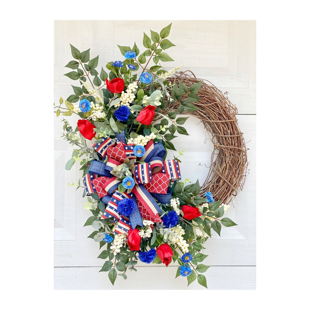 Patriotic Front Door Wreath, 4th of July Decor, Red White and Blue ...