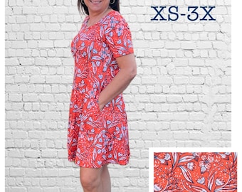 Ladies Dress, red-orange with navy and white floral print, short sleeve dress, pockets, school dress, work dress Jessie Lizzie