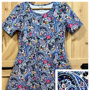 Disney Paisley Mickey print dress.  Short Sleeve Navy blue Disney dress for women with pockets regular and plus size