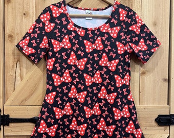 Disney Minnie Mouse red polka dot bow print, black dress,  short sleeve Disney dress for women with pockets